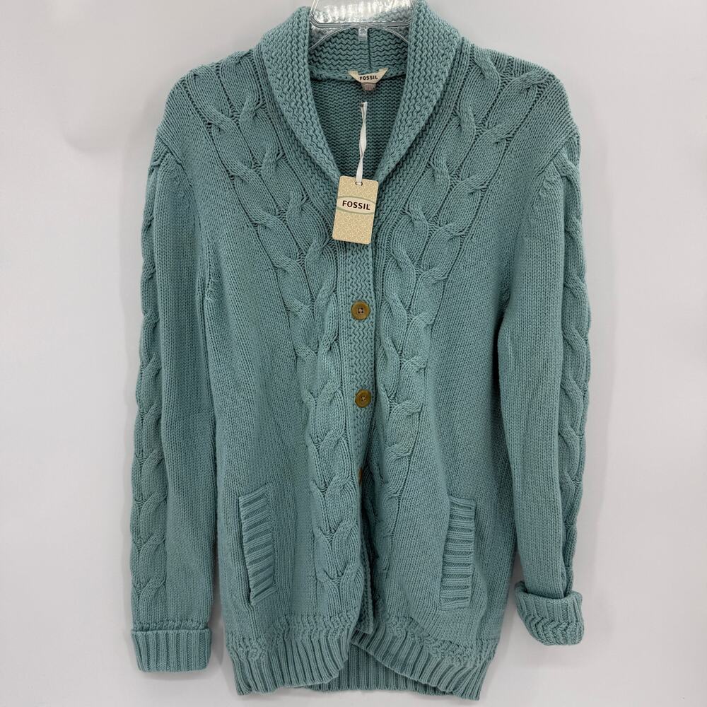 New FOSSIL Cable Knit Cardigan Size S Blue V-Neck Grandpa Sweater Pockets Long
